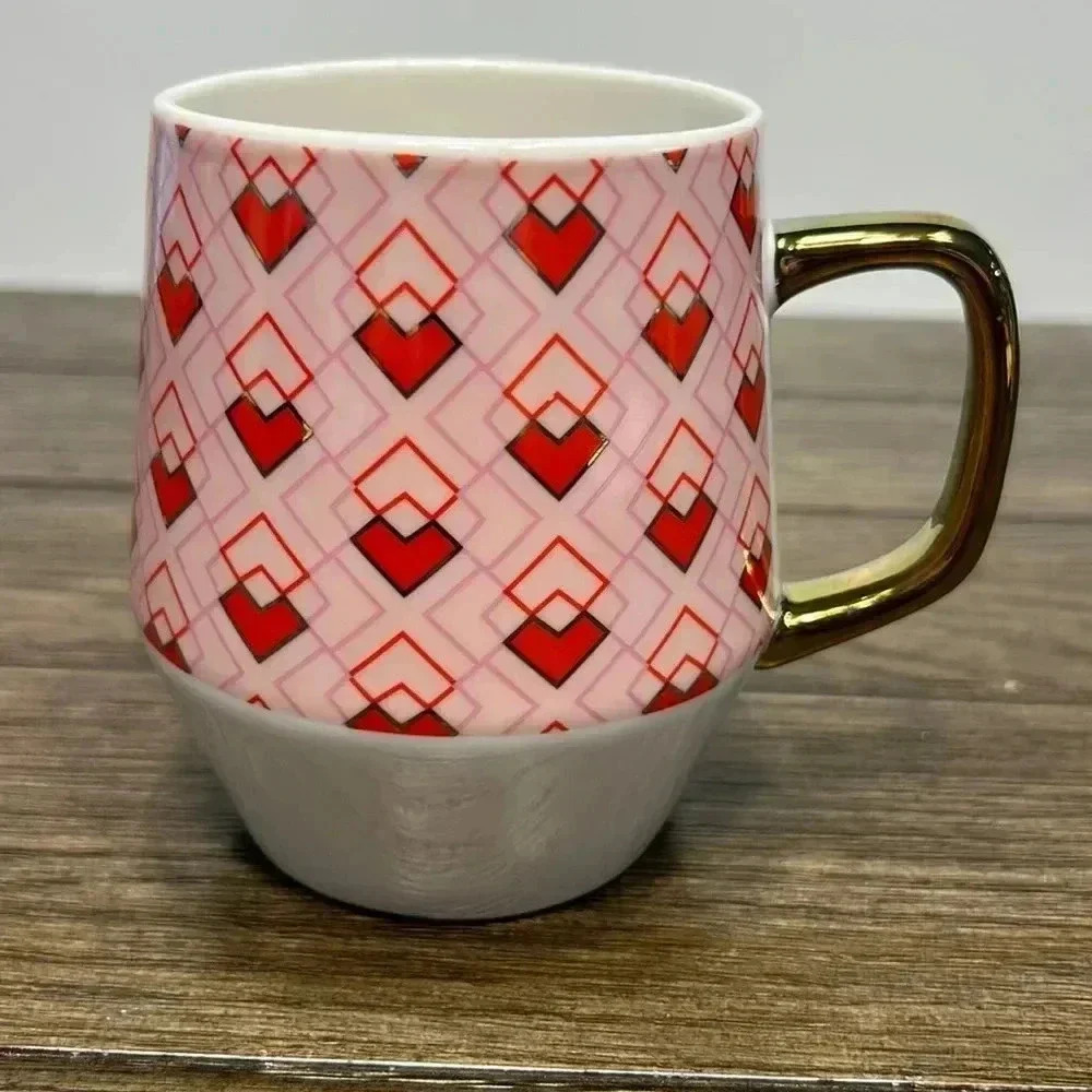 Edible‎ Arrangements Valentine Red Pink Geometric Hearts Large Mug, Gold Handle